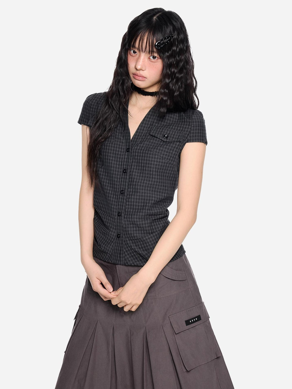 EZEK Plaid Ruched Slim Fit Half Open Collar Button Women's Cotton Short Sleeve T-shirts