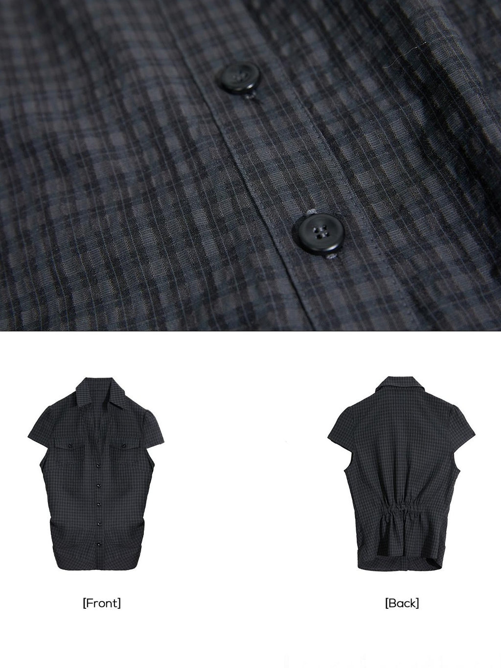 EZEK Plaid Ruched Slim Fit Half Open Collar Button Women's Cotton Short Sleeve T-shirts