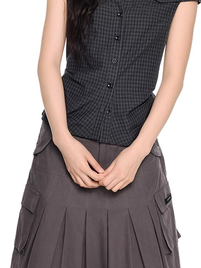 EZEK Plaid Ruched Slim Fit Half Open Collar Button Women's Cotton Short Sleeve T-shirts