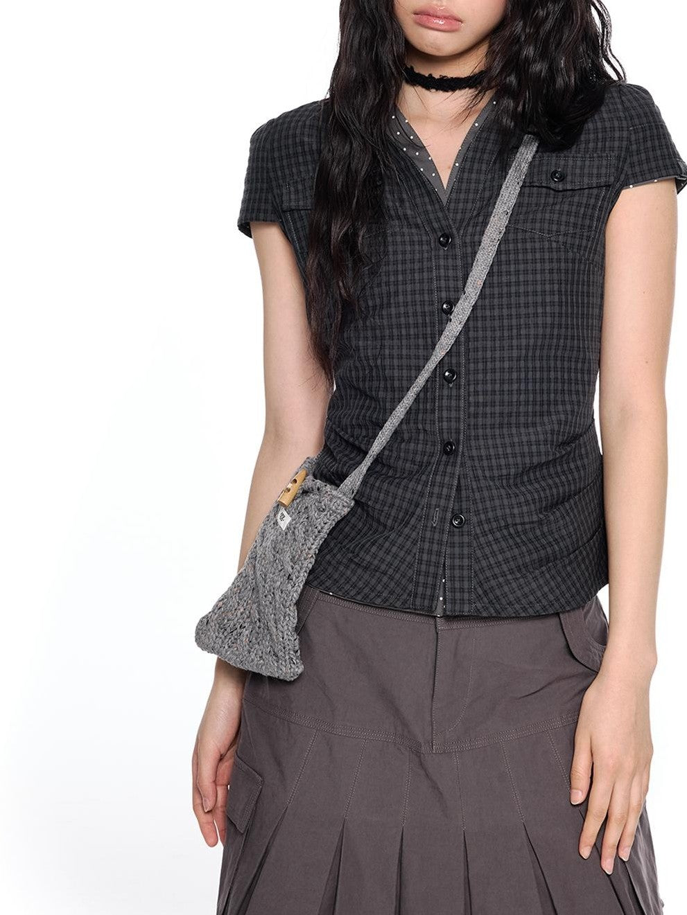 EZEK Plaid Ruched Slim Fit Half Open Collar Button Women's Cotton Short Sleeve T-shirts