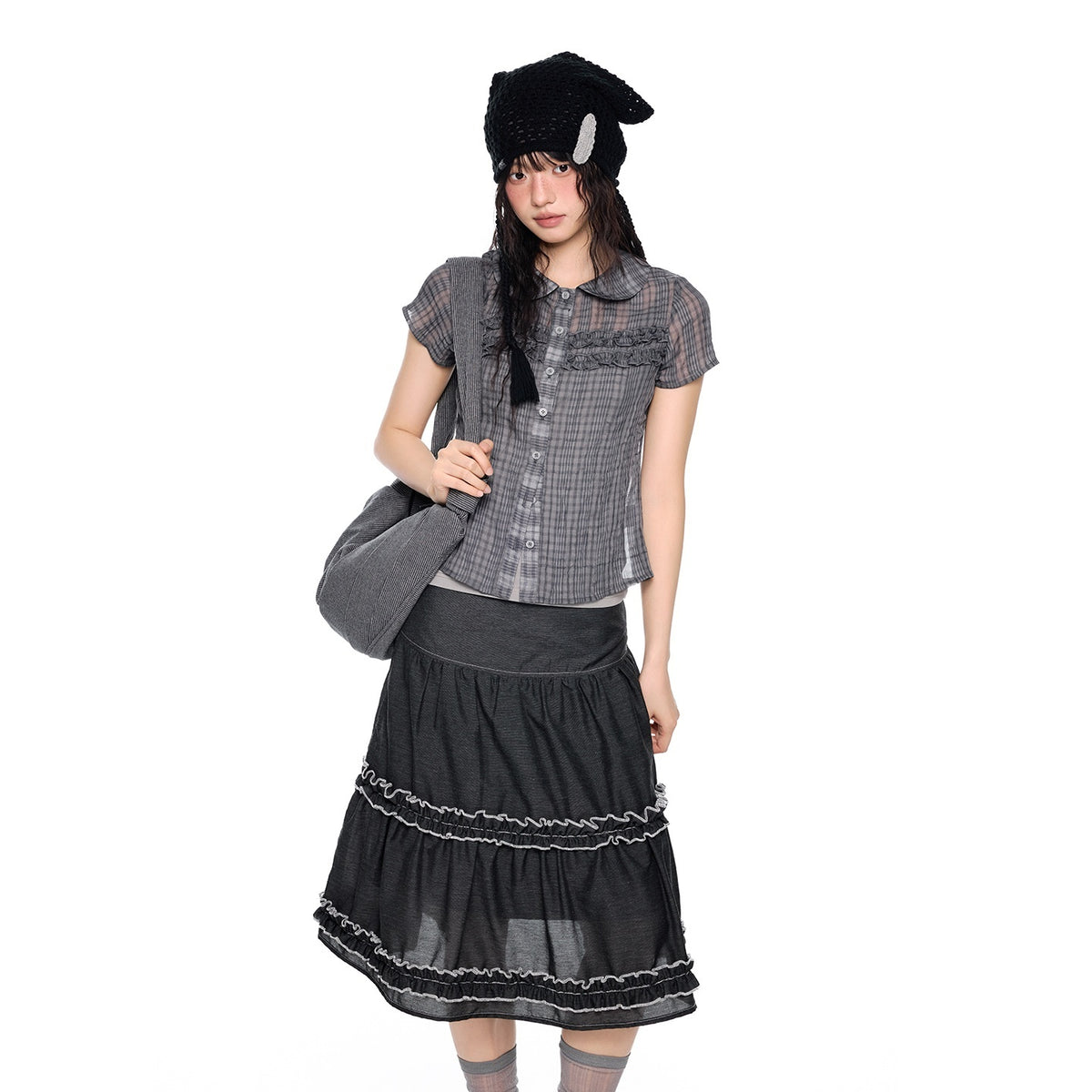 EZEK_Plaid_Ruffle_Pleated_Doll_Collar_Women's_Polyester_Short_Sleeve_T-shirts_1047945213394_MISSTT