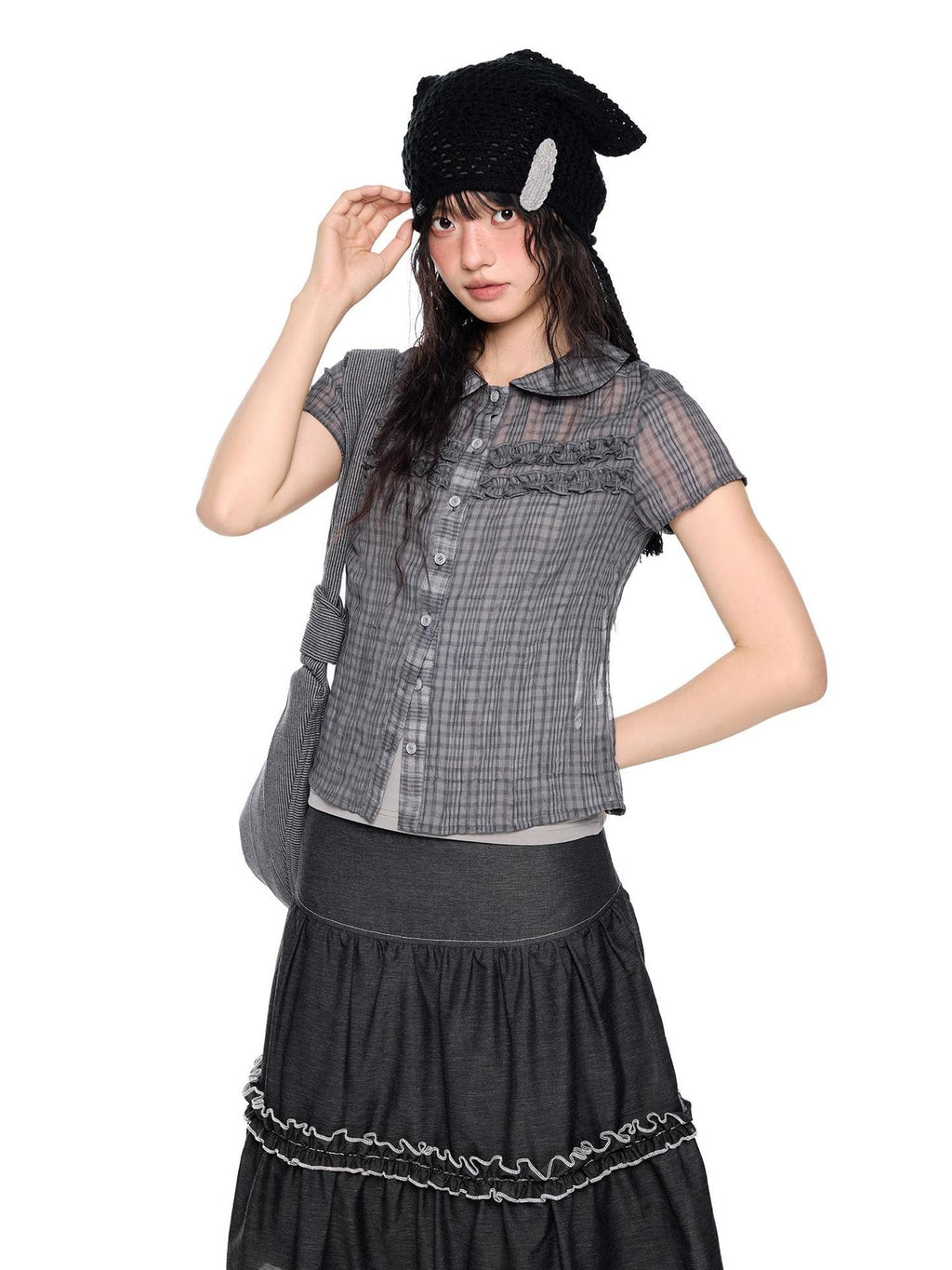 EZEK Plaid Ruffle Pleated Doll Collar Women's Polyester Short Sleeve T-shirts