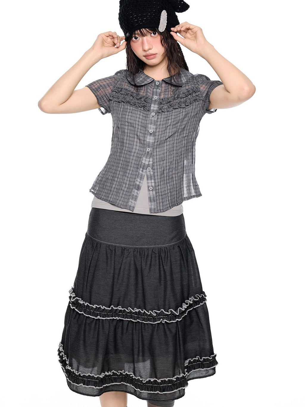EZEK Plaid Ruffle Pleated Doll Collar Women's Polyester Short Sleeve T-shirts