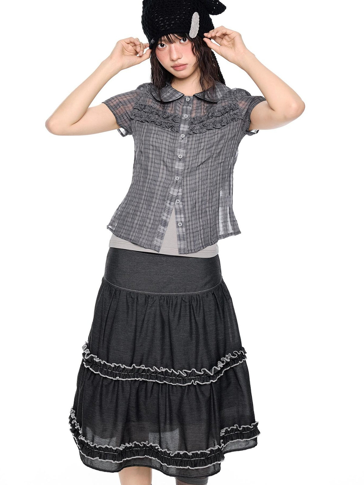 EZEK Plaid Ruffle Pleated Doll Collar Women's Polyester Short Sleeve T-shirts