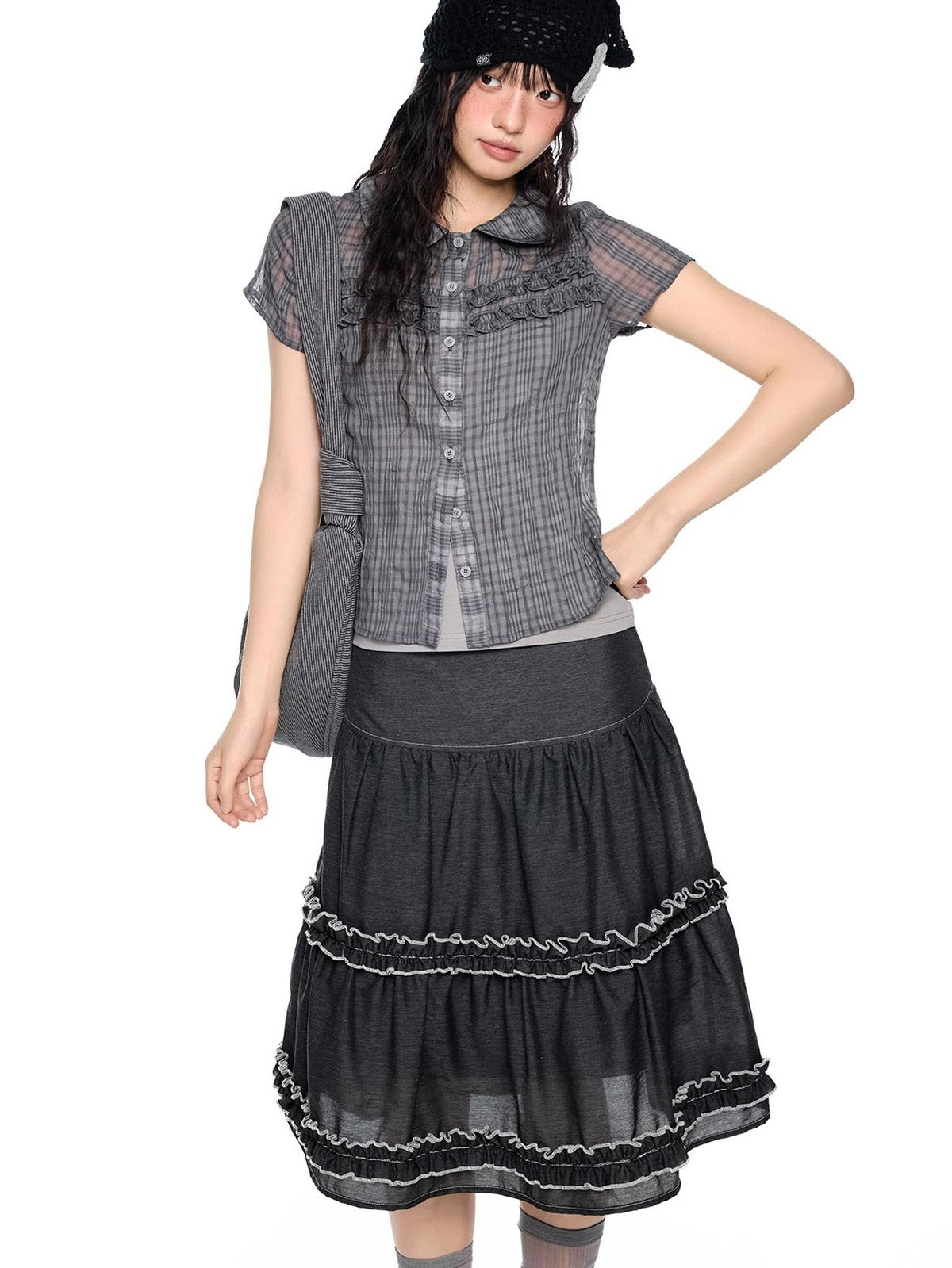 EZEK Plaid Ruffle Pleated Doll Collar Women's Polyester Short Sleeve T-shirts