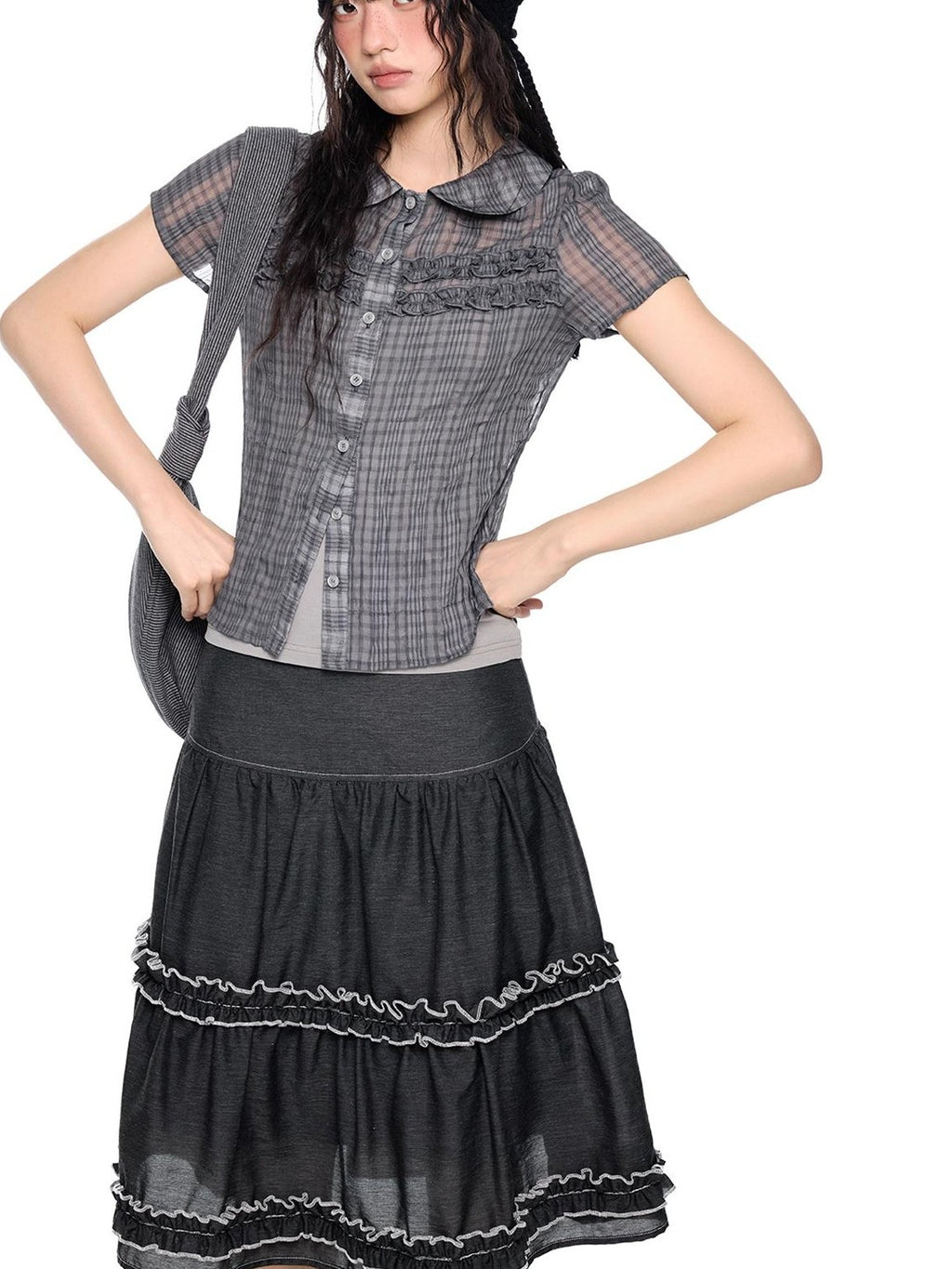 EZEK Plaid Ruffle Pleated Doll Collar Women's Polyester Short Sleeve T-shirts