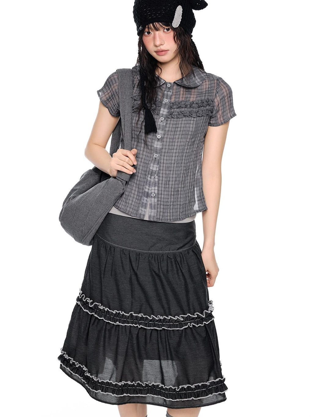 EZEK Plaid Ruffle Pleated Doll Collar Women's Polyester Short Sleeve T-shirts