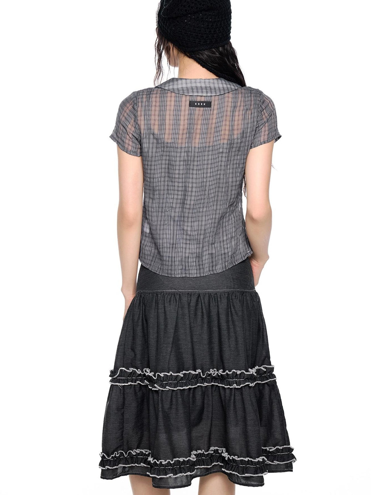 EZEK Plaid Ruffle Pleated Doll Collar Women's Polyester Short Sleeve T-shirts
