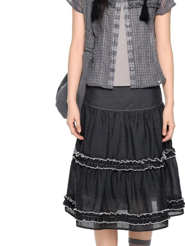 EZEK Plaid Ruffle Pleated Doll Collar Women's Polyester Short Sleeve T-shirts