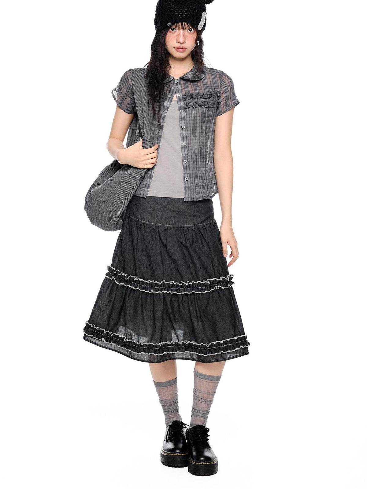 EZEK Plaid Ruffle Pleated Doll Collar Women's Polyester Short Sleeve T-shirts