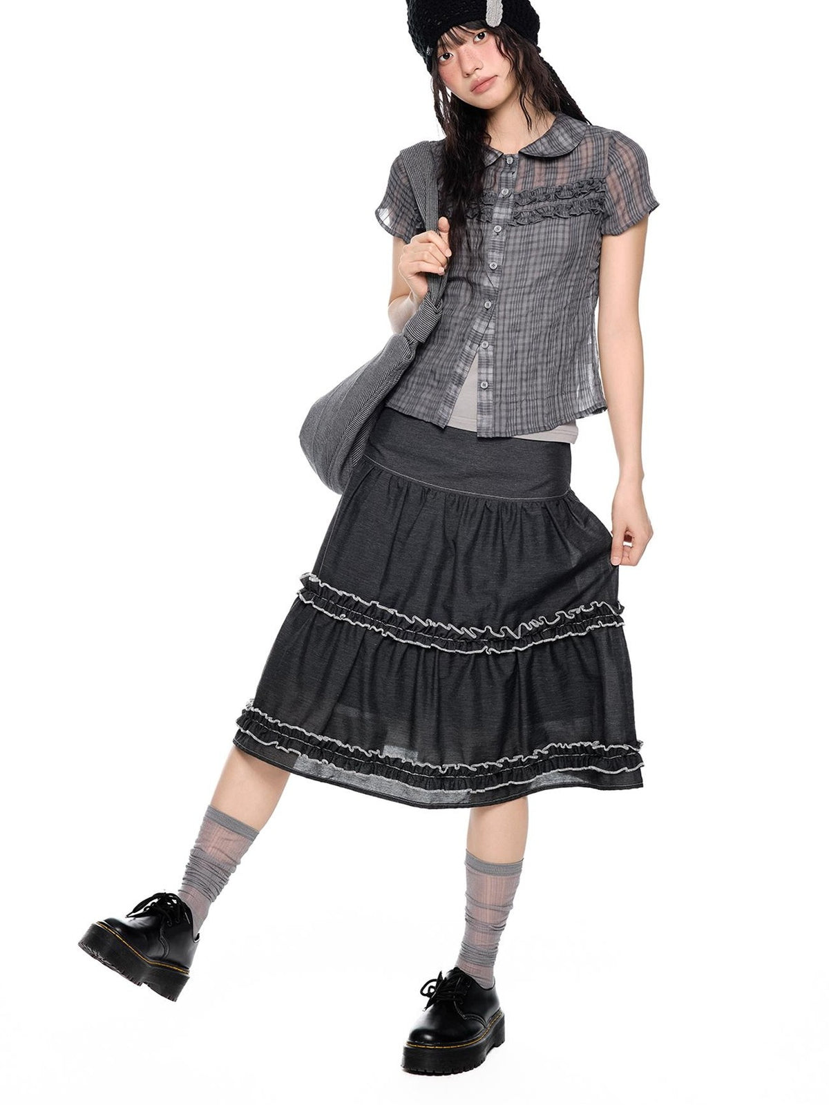 EZEK Plaid Ruffle Pleated Doll Collar Women's Polyester Short Sleeve T-shirts