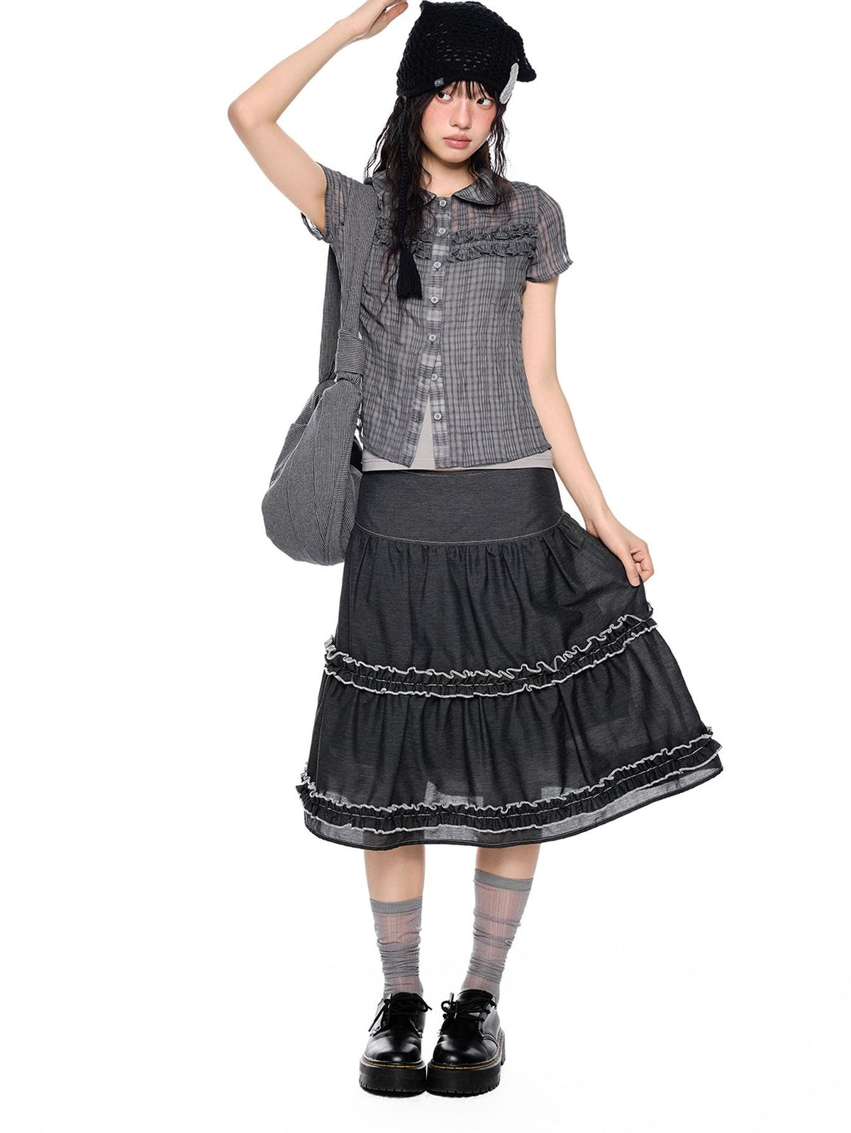EZEK Plaid Ruffle Pleated Doll Collar Women's Polyester Short Sleeve T-shirts