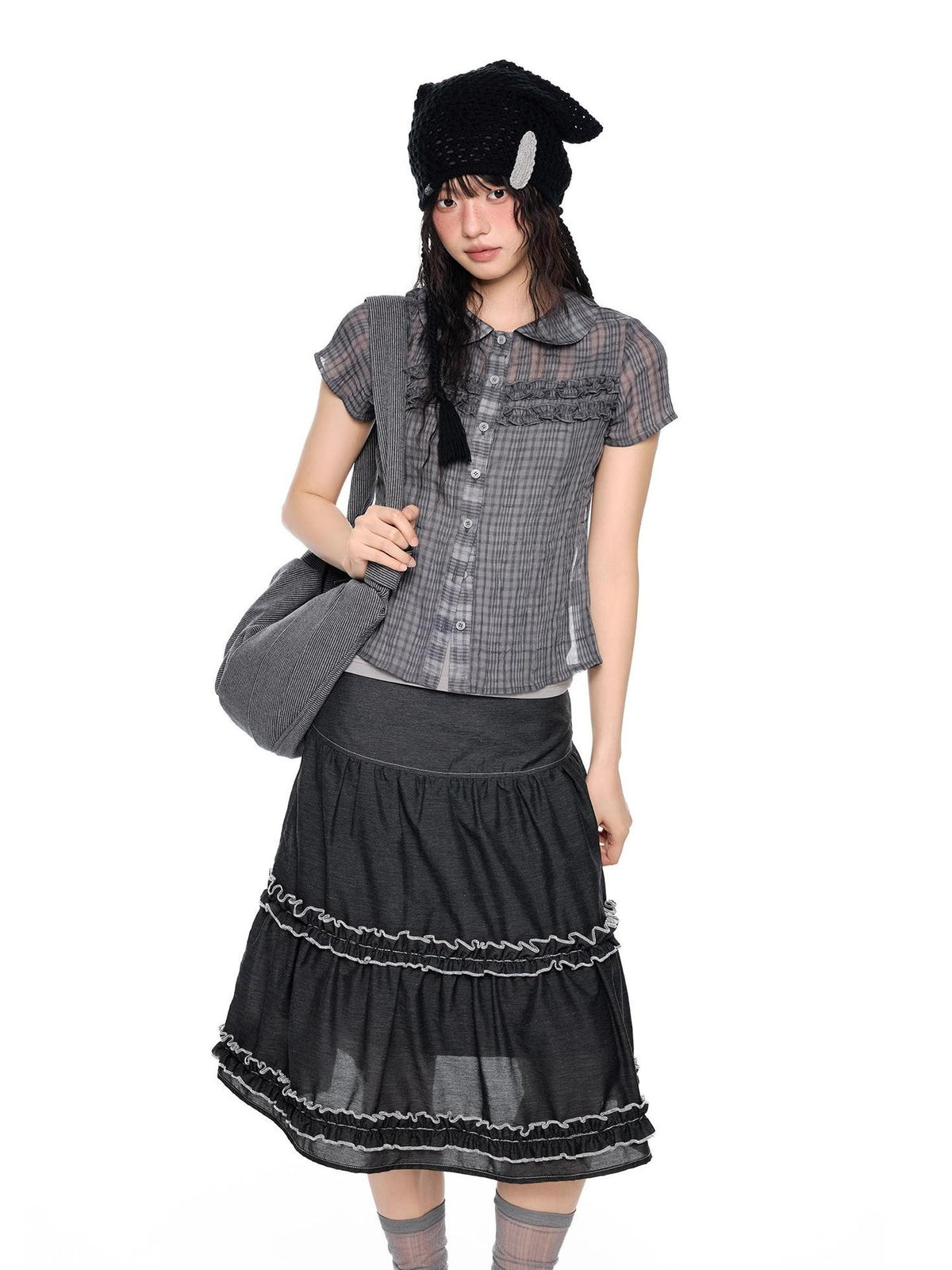 EZEK Plaid Ruffle Pleated Doll Collar Women's Polyester Short Sleeve T-shirts
