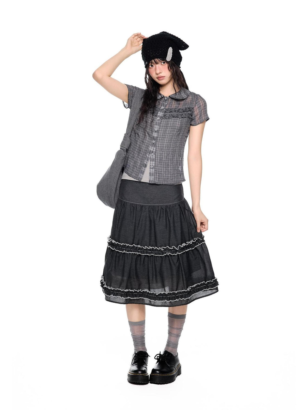 EZEK Plaid Ruffle Pleated Doll Collar Women's Polyester Short Sleeve T-shirts