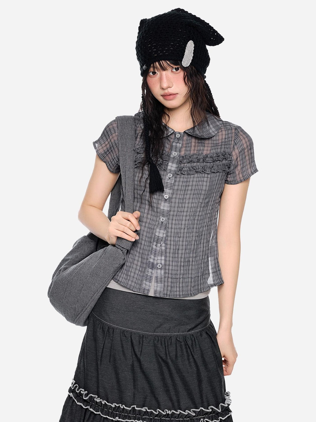 EZEK Plaid Ruffle Pleated Doll Collar Women's Polyester Short Sleeve T-shirts