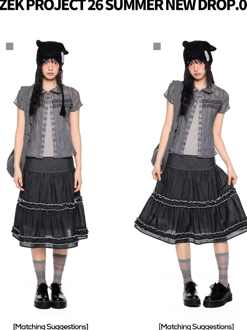 EZEK Plaid Ruffle Pleated Doll Collar Women's Polyester Short Sleeve T-shirts