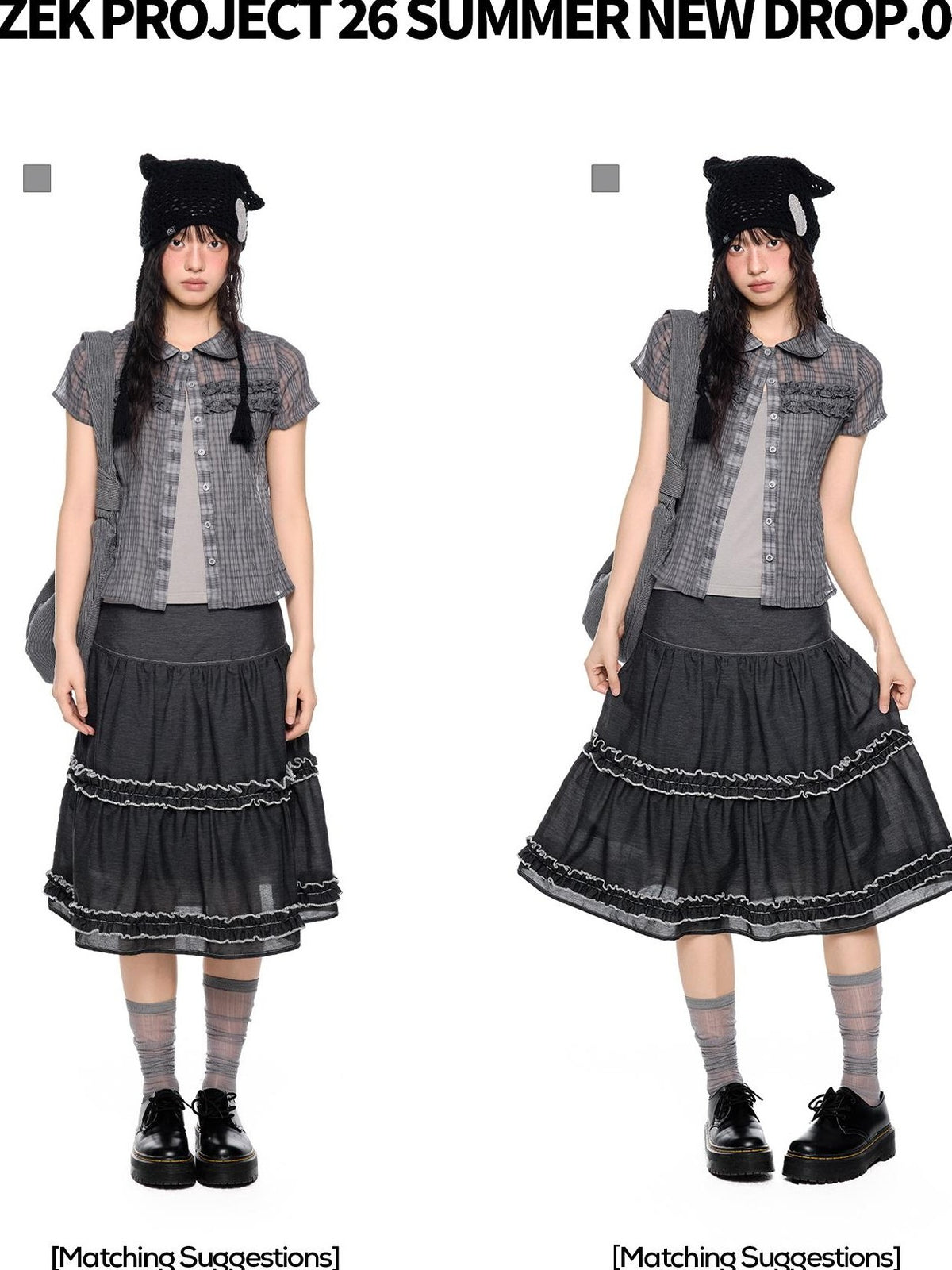 EZEK Plaid Ruffle Pleated Doll Collar Women's Polyester Short Sleeve T-shirts