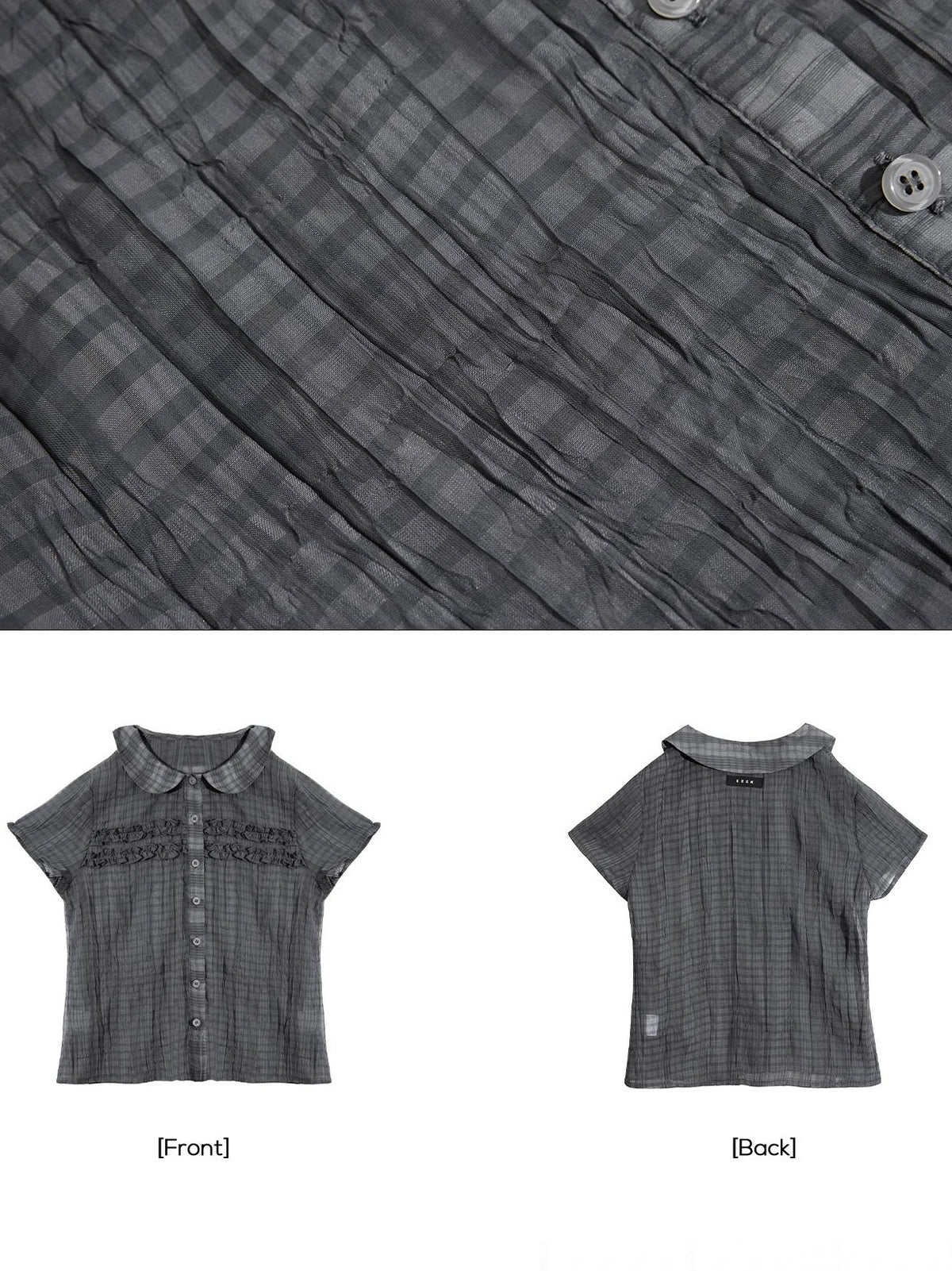 EZEK Plaid Ruffle Pleated Doll Collar Women's Polyester Short Sleeve T-shirts