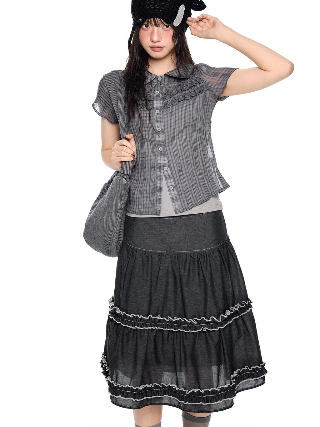 EZEK Plaid Ruffle Pleated Doll Collar Women's Polyester Short Sleeve T-shirts