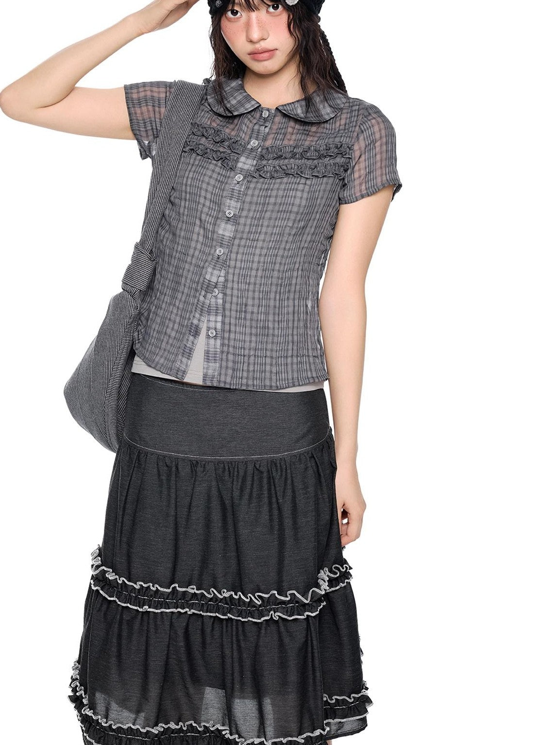 EZEK Plaid Ruffle Pleated Doll Collar Women's Polyester Short Sleeve T-shirts