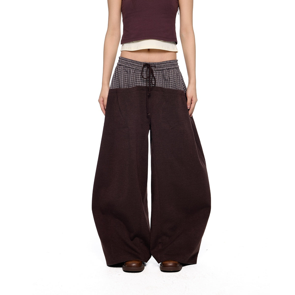 EZEK_Plaid_Spliced_Drawstring_Waist_Wide_Leg_Women's_Polyester_Chinos_1015541992639_MISSTT