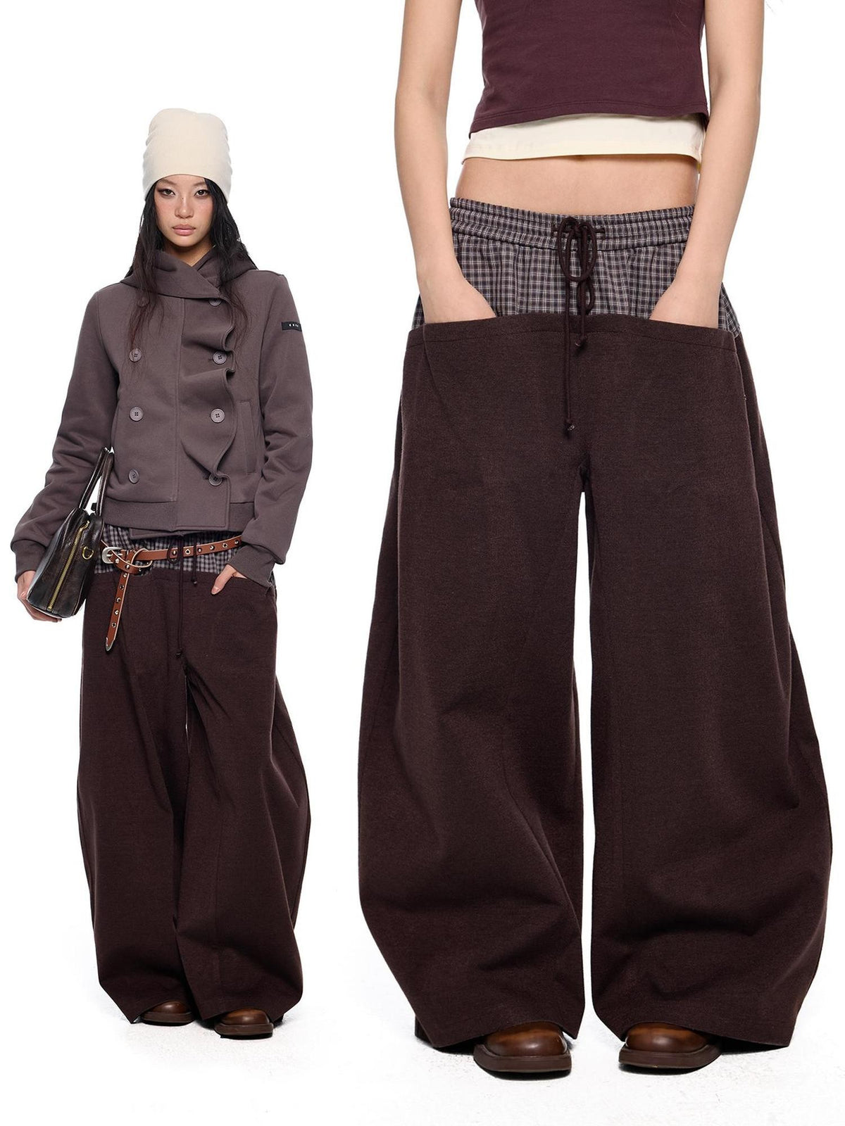 EZEK Plaid Spliced Drawstring Waist Wide Leg Women's Polyester Chinos