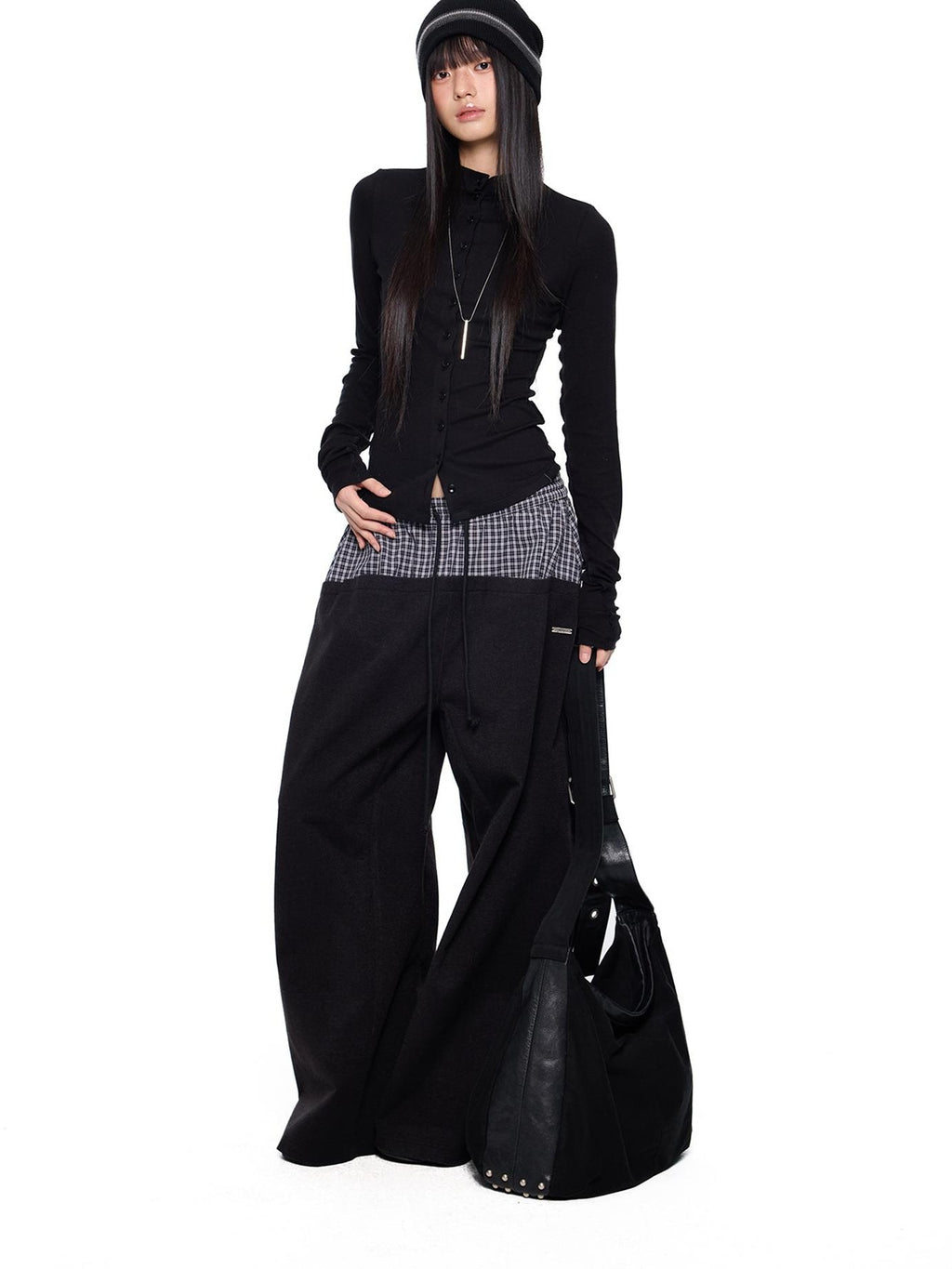 EZEK Plaid Spliced Drawstring Waist Wide Leg Women's Polyester Chinos