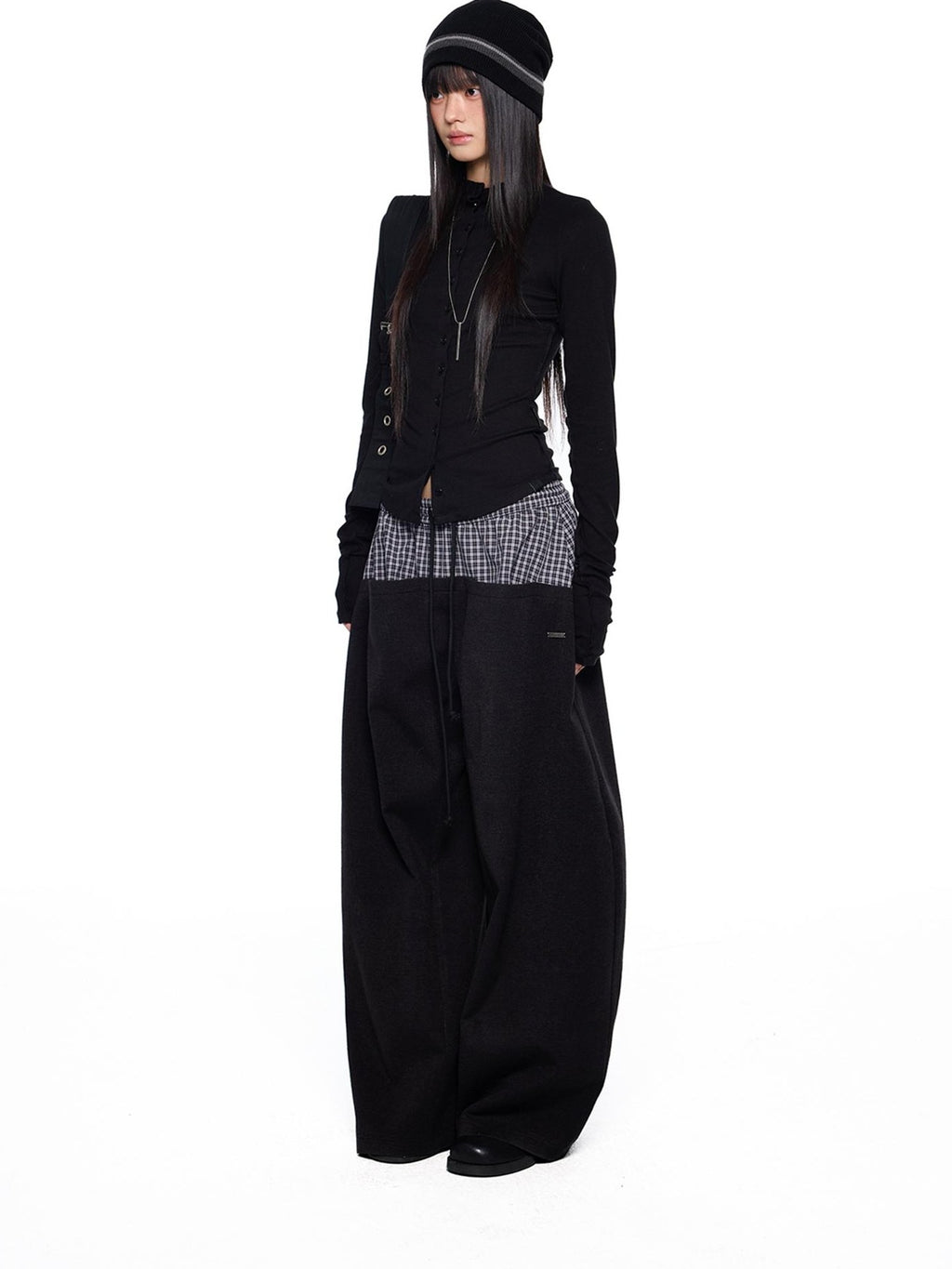 EZEK Plaid Spliced Drawstring Waist Wide Leg Women's Polyester Chinos