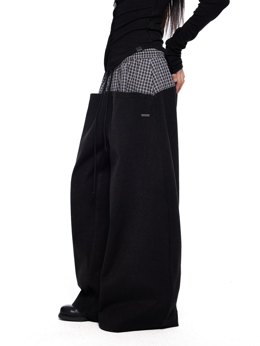 EZEK Plaid Spliced Drawstring Waist Wide Leg Women's Polyester Chinos