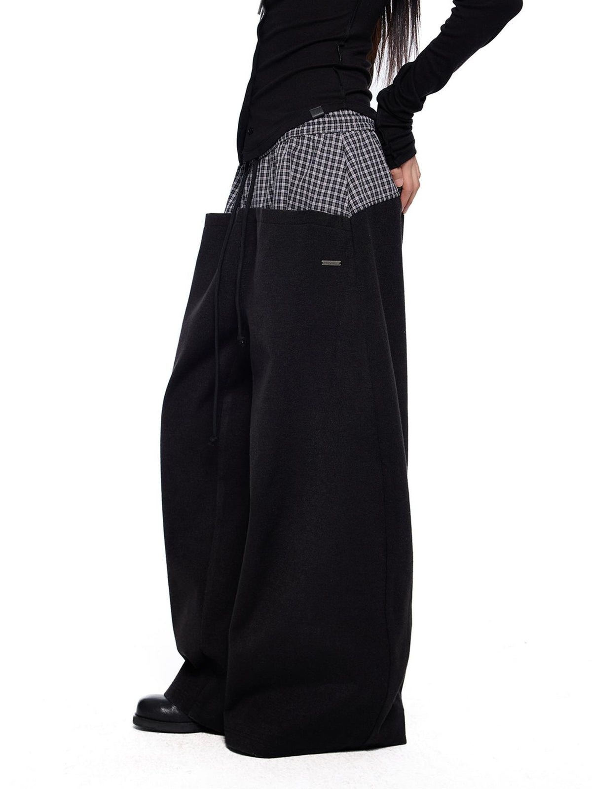 EZEK Plaid Spliced Drawstring Waist Wide Leg Women's Polyester Chinos