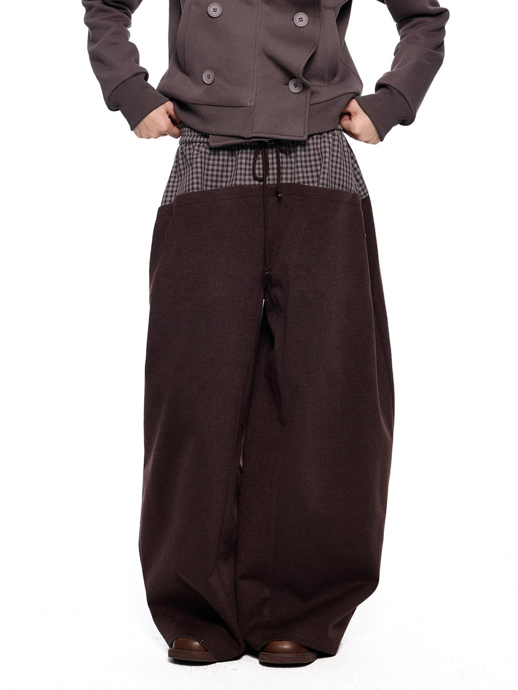 EZEK Plaid Spliced Drawstring Waist Wide Leg Women's Polyester Chinos