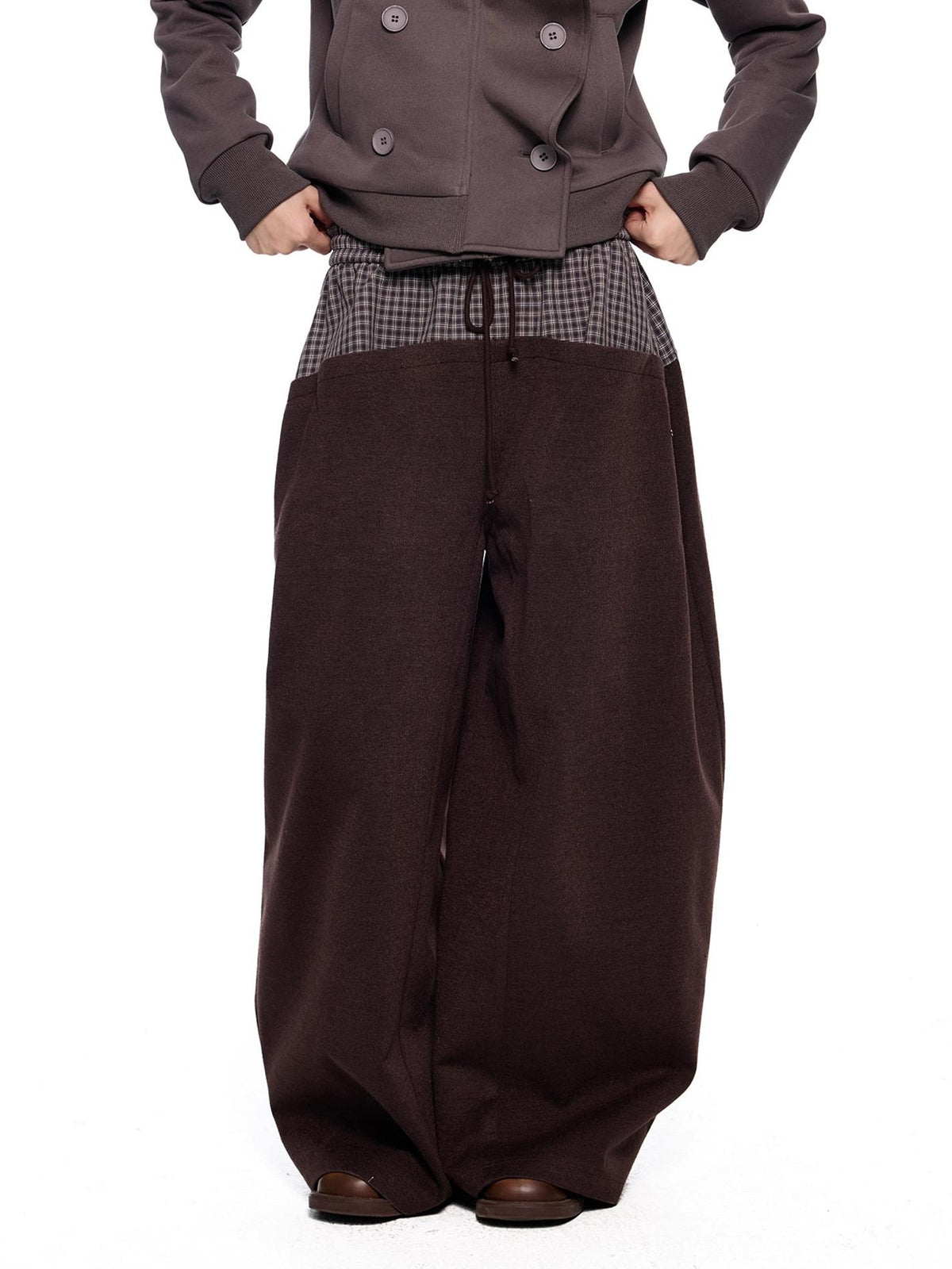 EZEK Plaid Spliced Drawstring Waist Wide Leg Women's Polyester Chinos