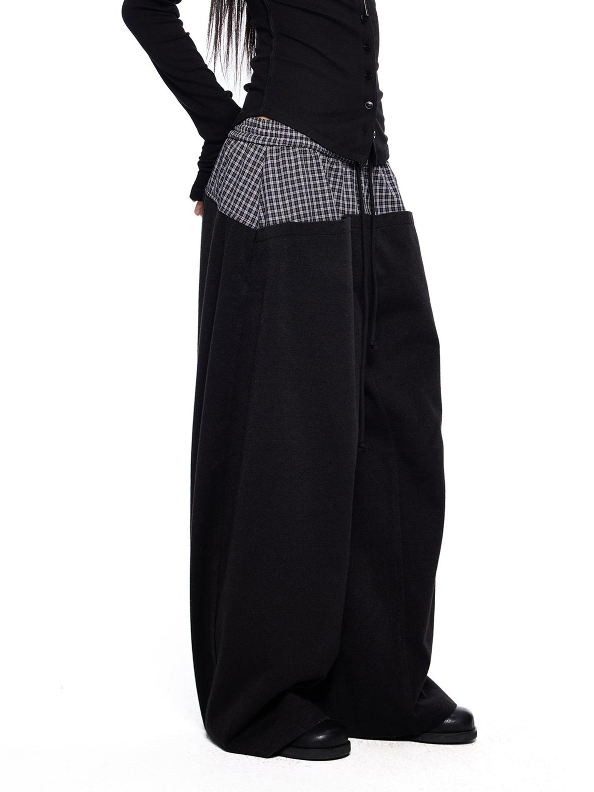 EZEK Plaid Spliced Drawstring Waist Wide Leg Women's Polyester Chinos