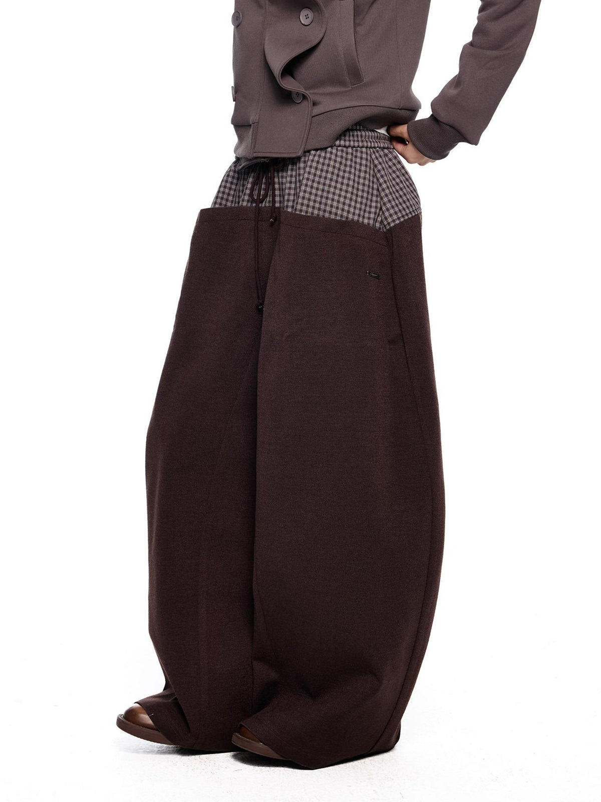 EZEK Plaid Spliced Drawstring Waist Wide Leg Women's Polyester Chinos