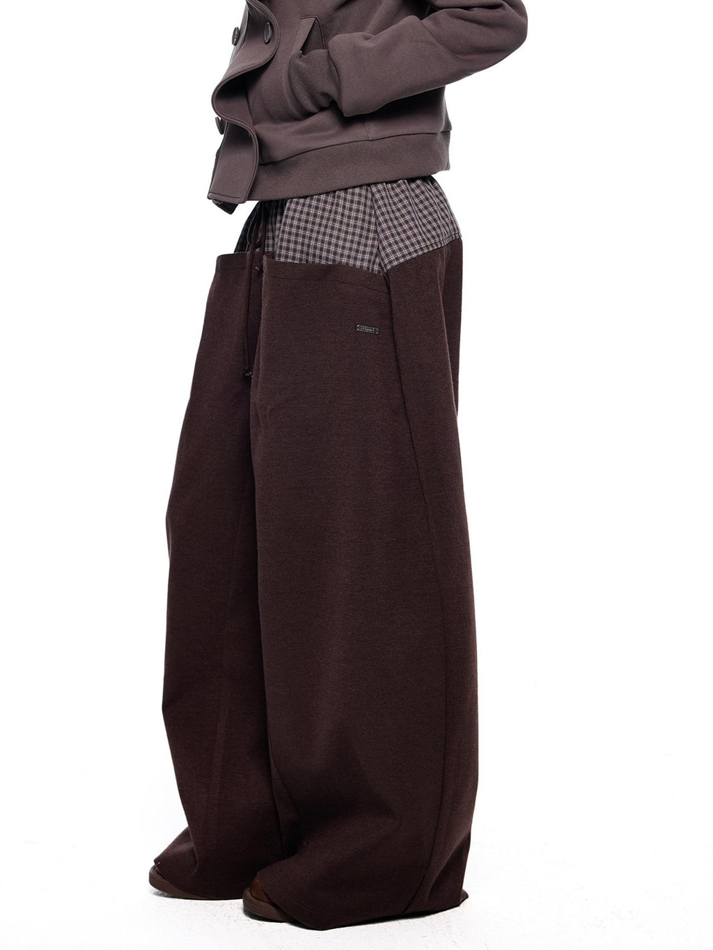 EZEK Plaid Spliced Drawstring Waist Wide Leg Women's Polyester Chinos