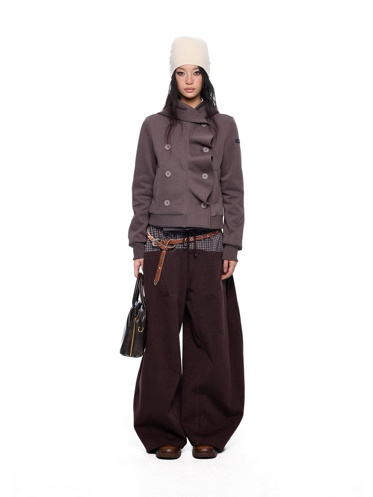 EZEK Plaid Spliced Drawstring Waist Wide Leg Women's Polyester Chinos
