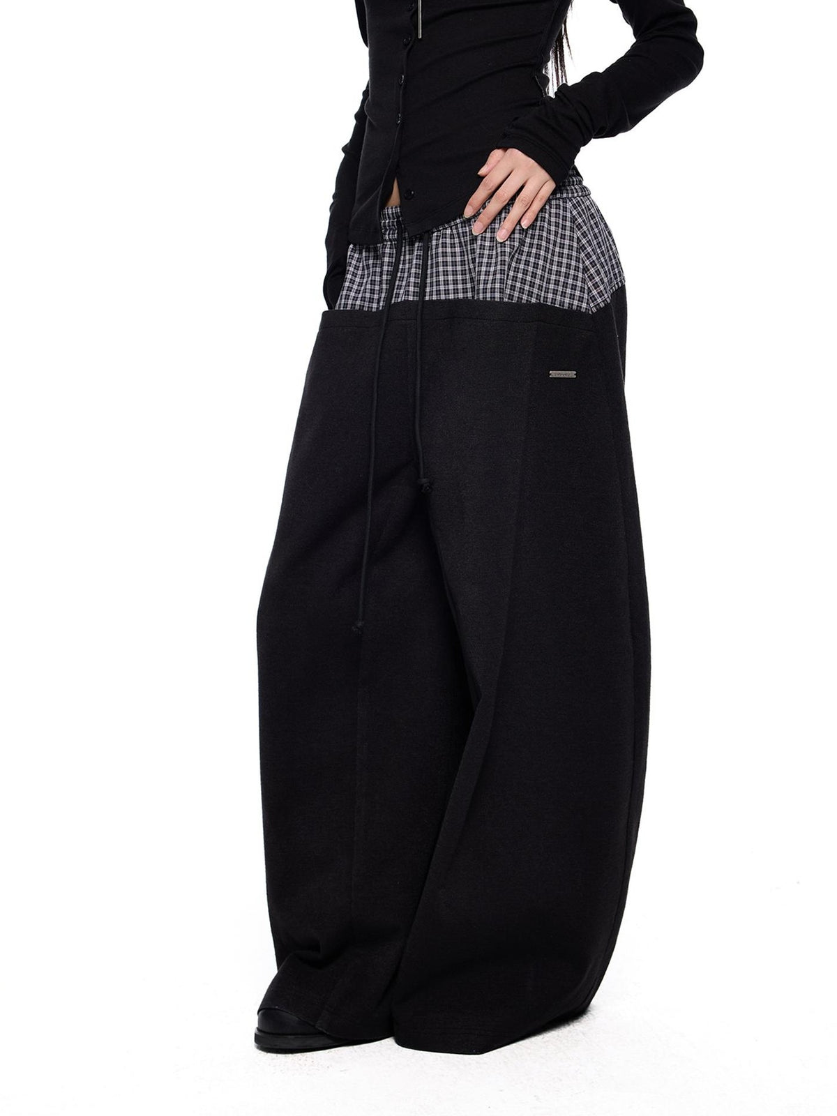 EZEK Plaid Spliced Drawstring Waist Wide Leg Women's Polyester Chinos