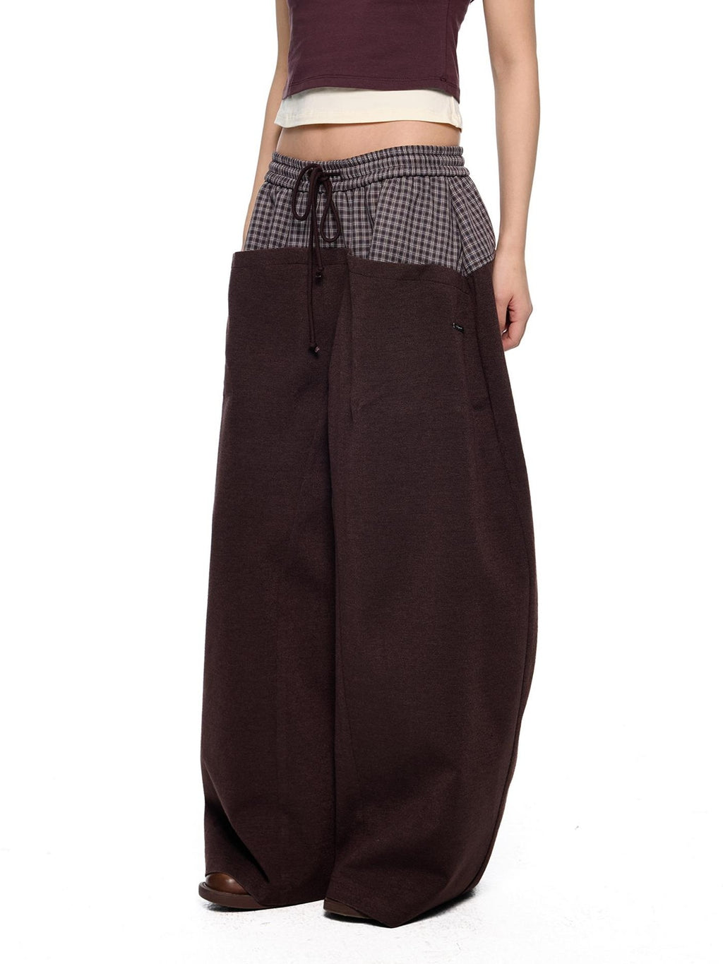 EZEK Plaid Spliced Drawstring Waist Wide Leg Women's Polyester Chinos