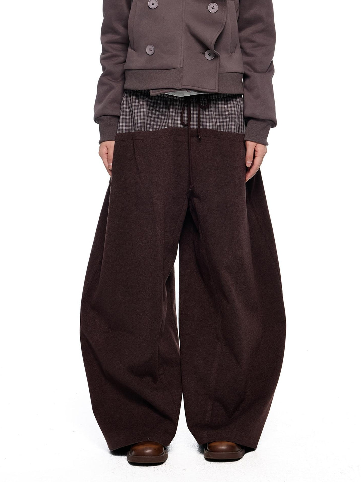 EZEK Plaid Spliced Drawstring Waist Wide Leg Women's Polyester Chinos