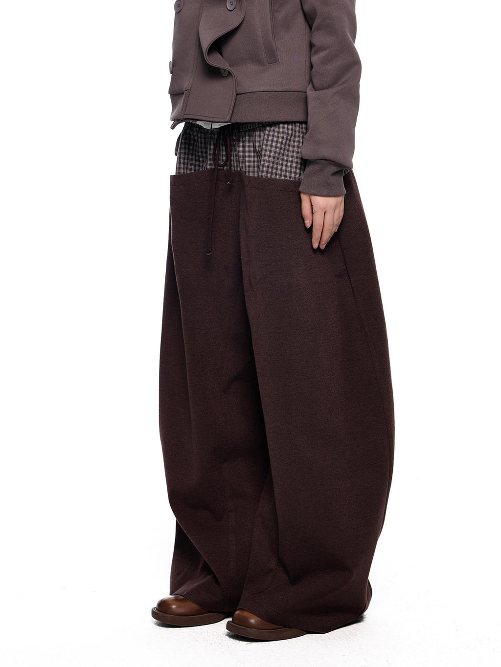 EZEK Plaid Spliced Drawstring Waist Wide Leg Women's Polyester Chinos
