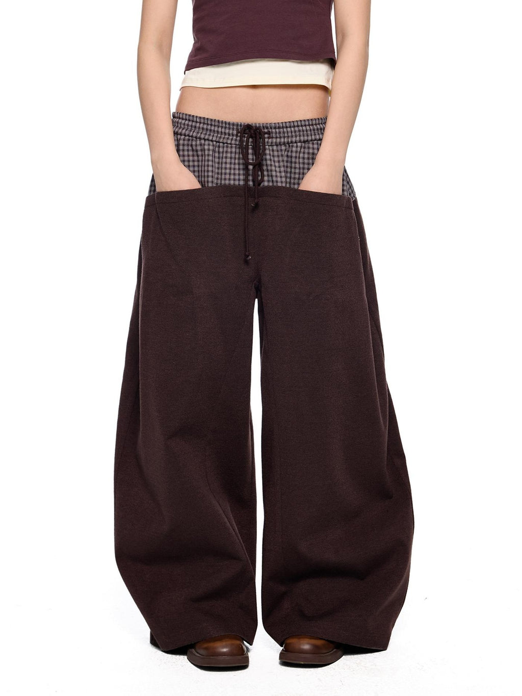 EZEK Plaid Spliced Drawstring Waist Wide Leg Women's Polyester Chinos