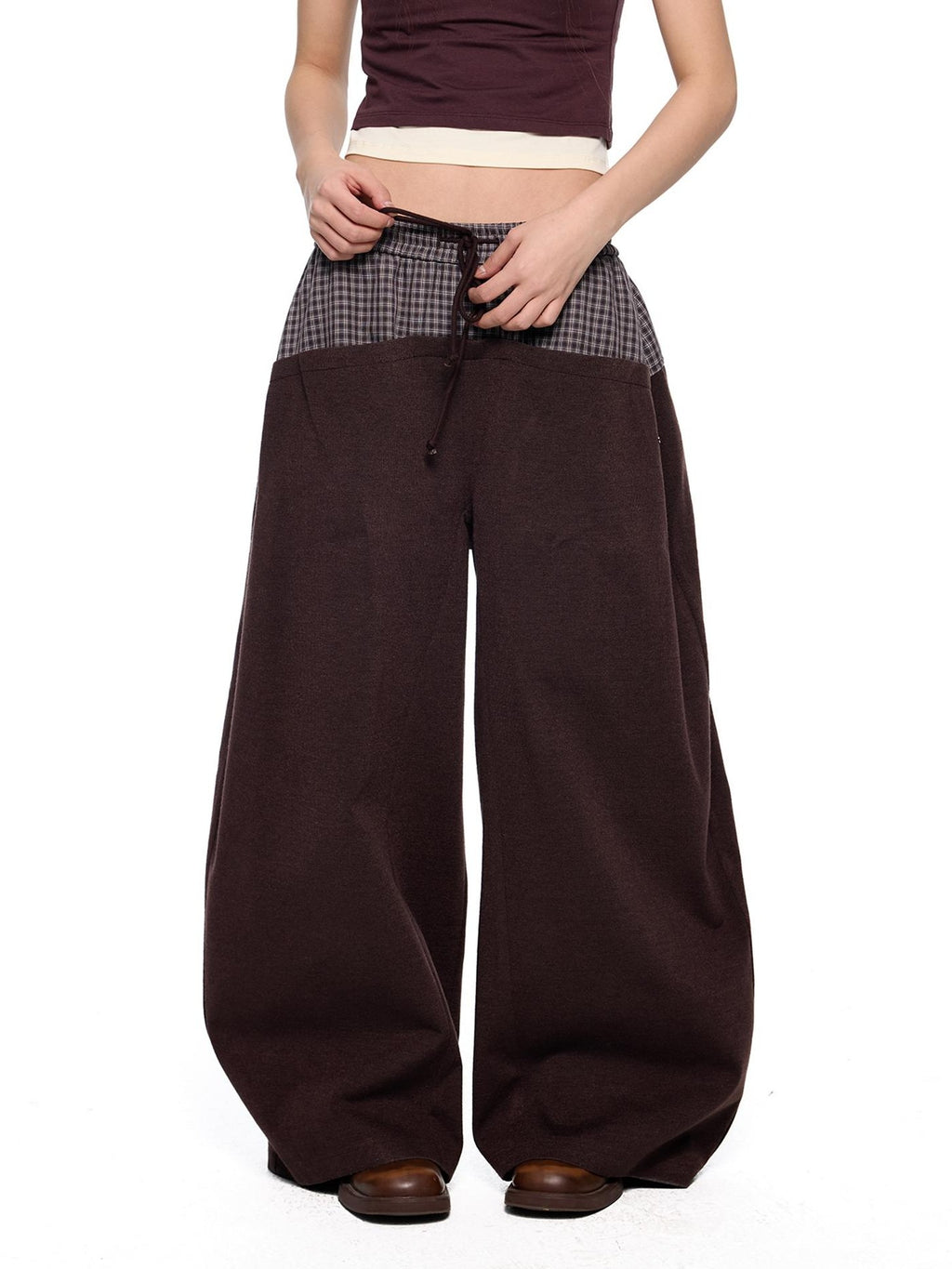 EZEK Plaid Spliced Drawstring Waist Wide Leg Women's Polyester Chinos