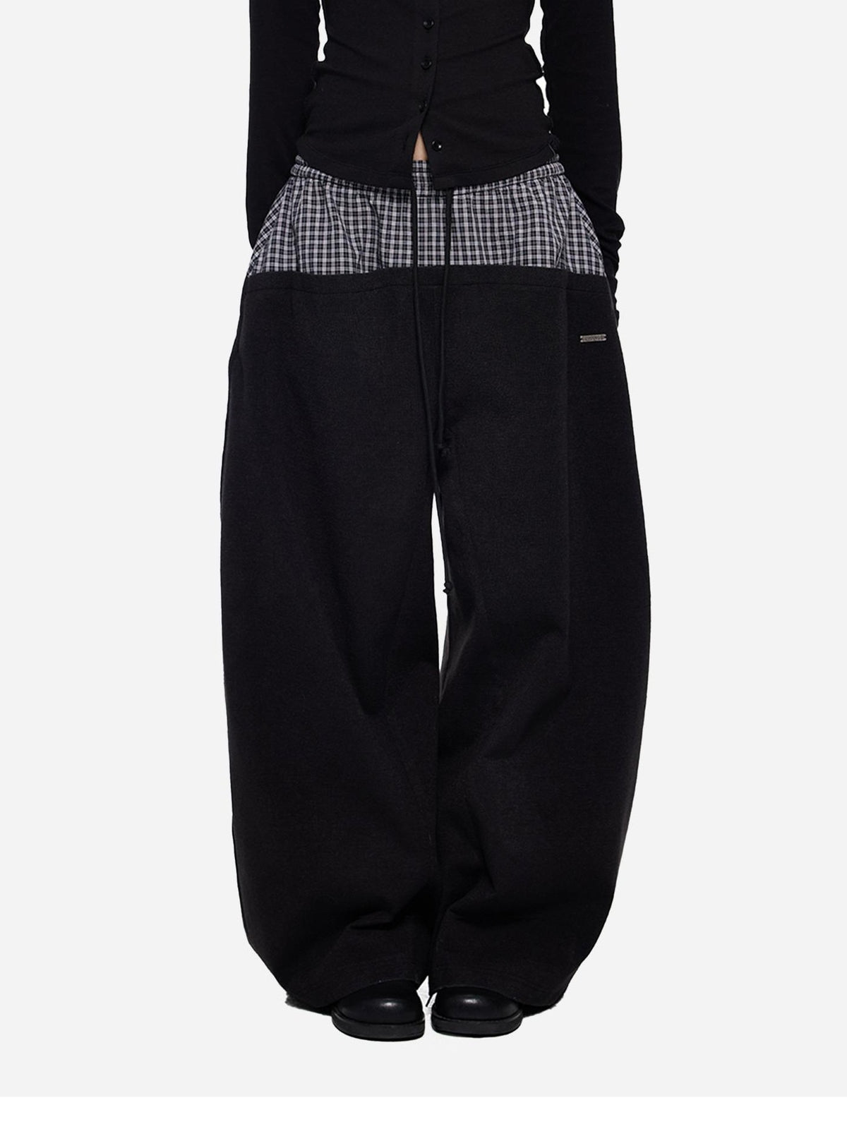 EZEK Plaid Spliced Drawstring Waist Wide Leg Women's Polyester Chinos