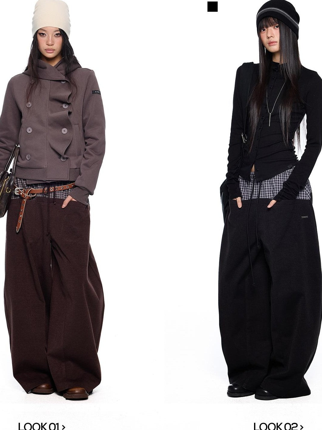 EZEK Plaid Spliced Drawstring Waist Wide Leg Women's Polyester Chinos