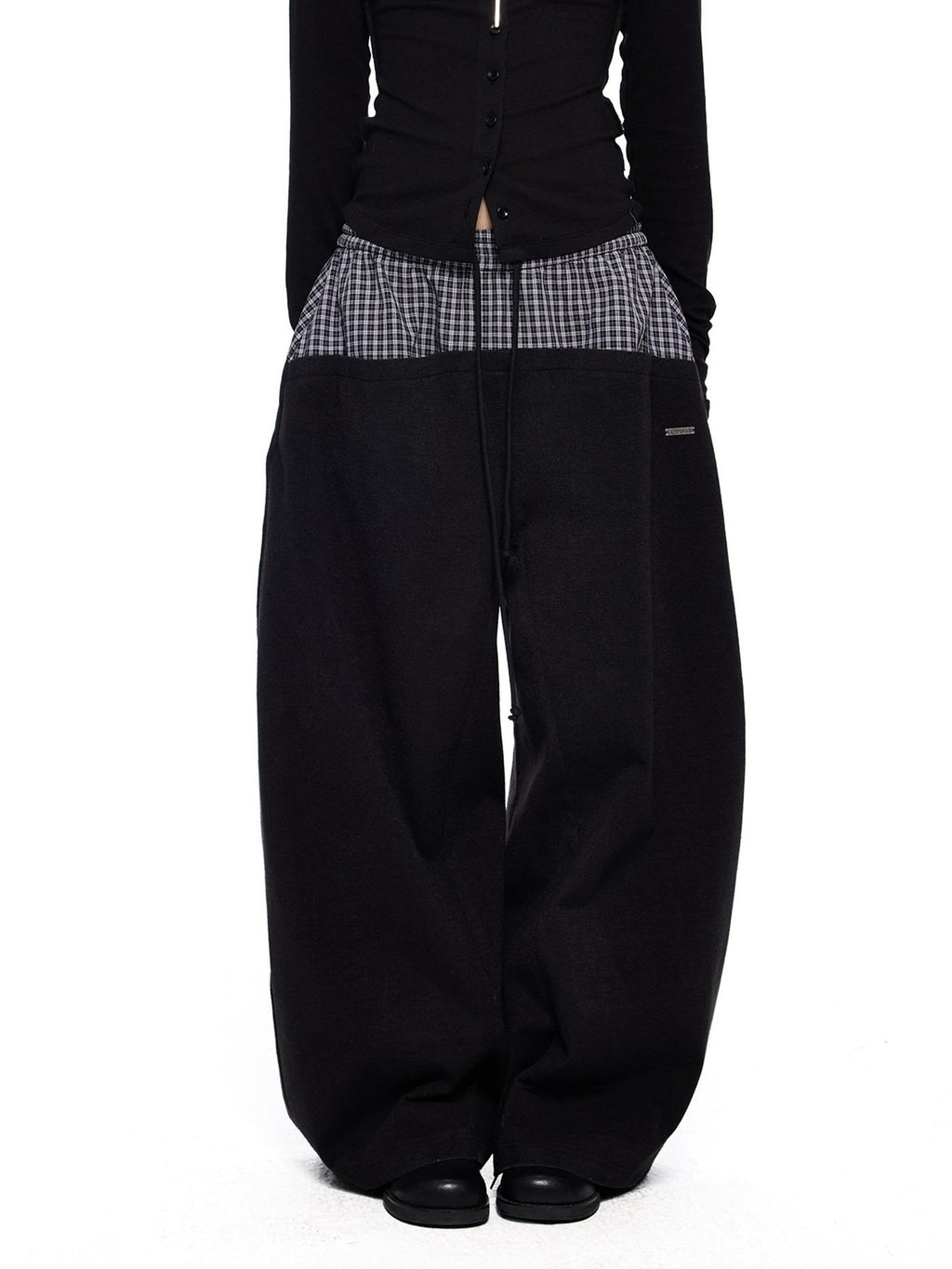 EZEK Plaid Spliced Drawstring Waist Wide Leg Women's Polyester Chinos