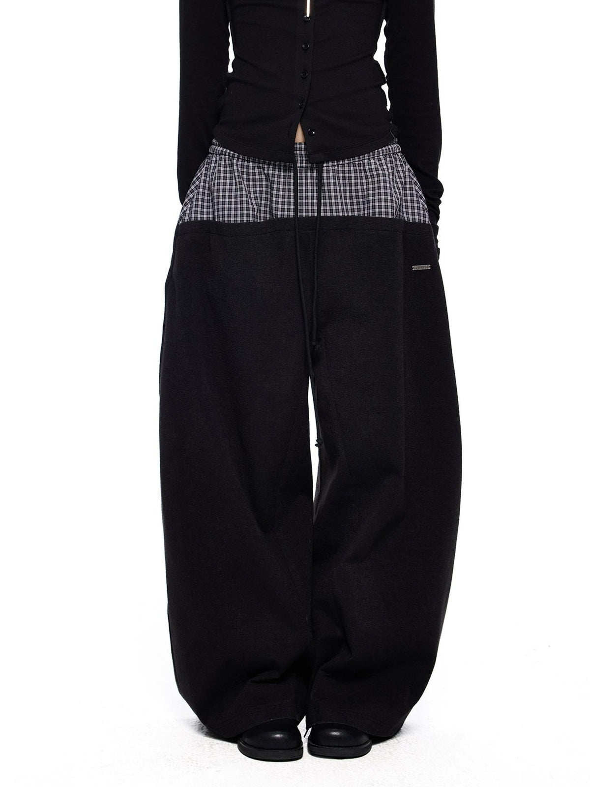 EZEK Plaid Spliced Drawstring Waist Wide Leg Women's Polyester Chinos