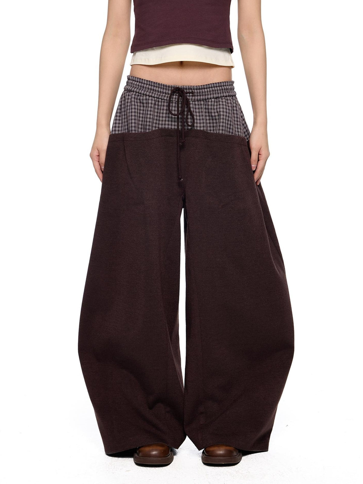 EZEK Plaid Spliced Drawstring Waist Wide Leg Women's Polyester Chinos