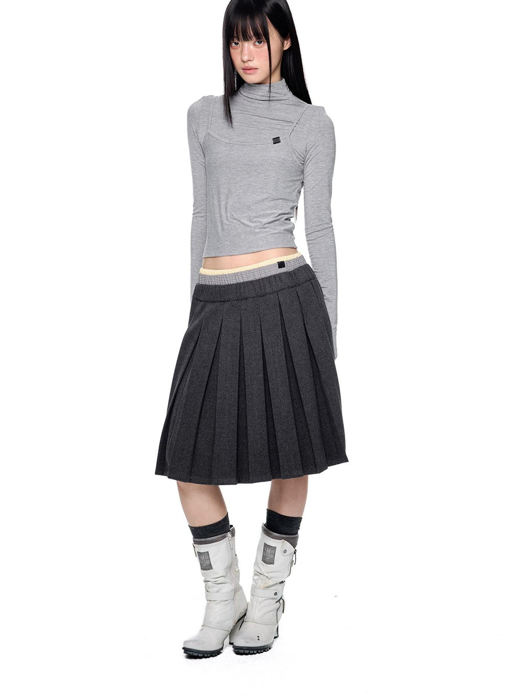 EZEK Plaid Spliced Pleated Women's Polyester Cotton Blend A-line Skirts