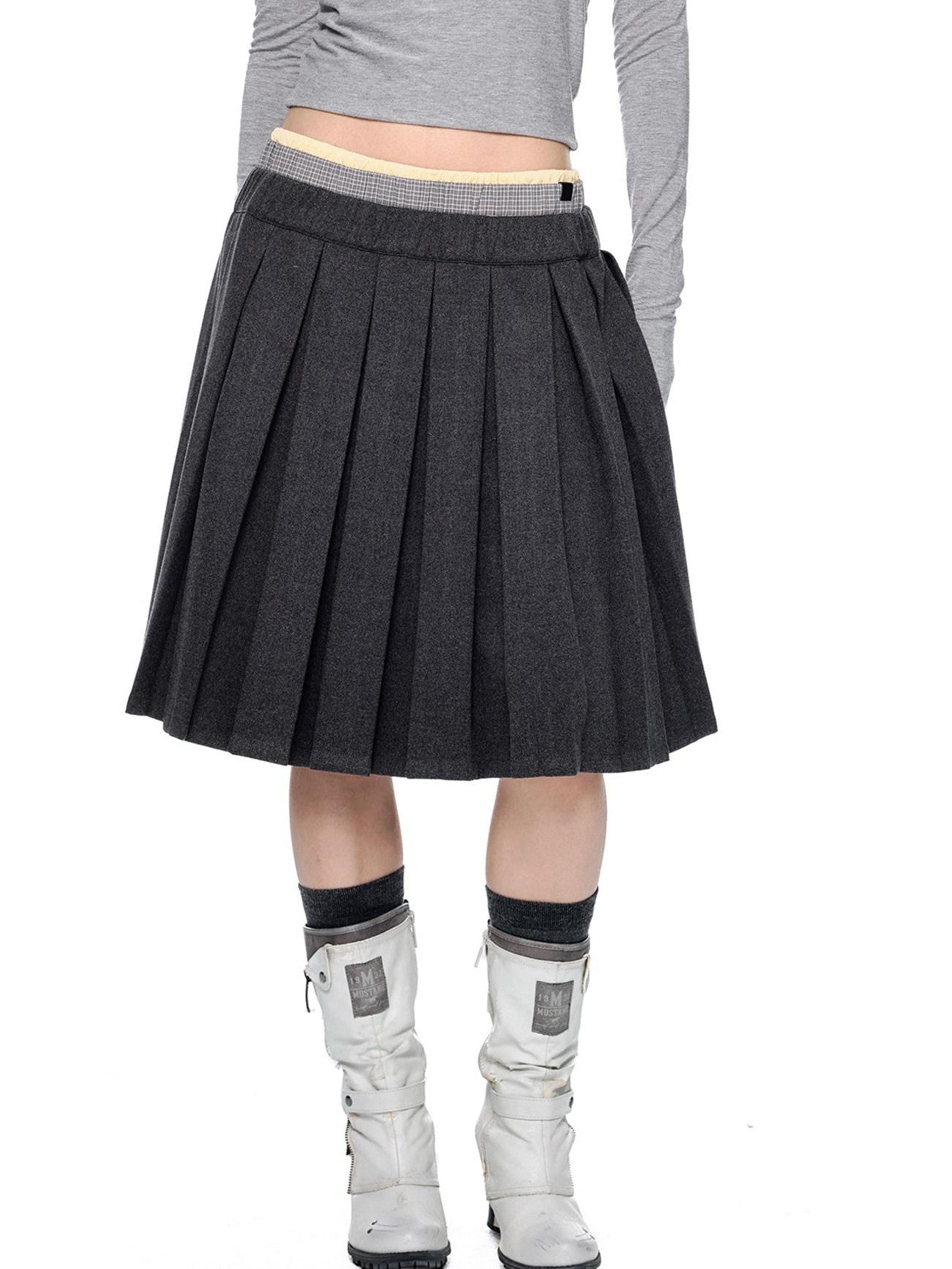 EZEK Plaid Spliced Pleated Women's Polyester Cotton Blend A-line Skirts
