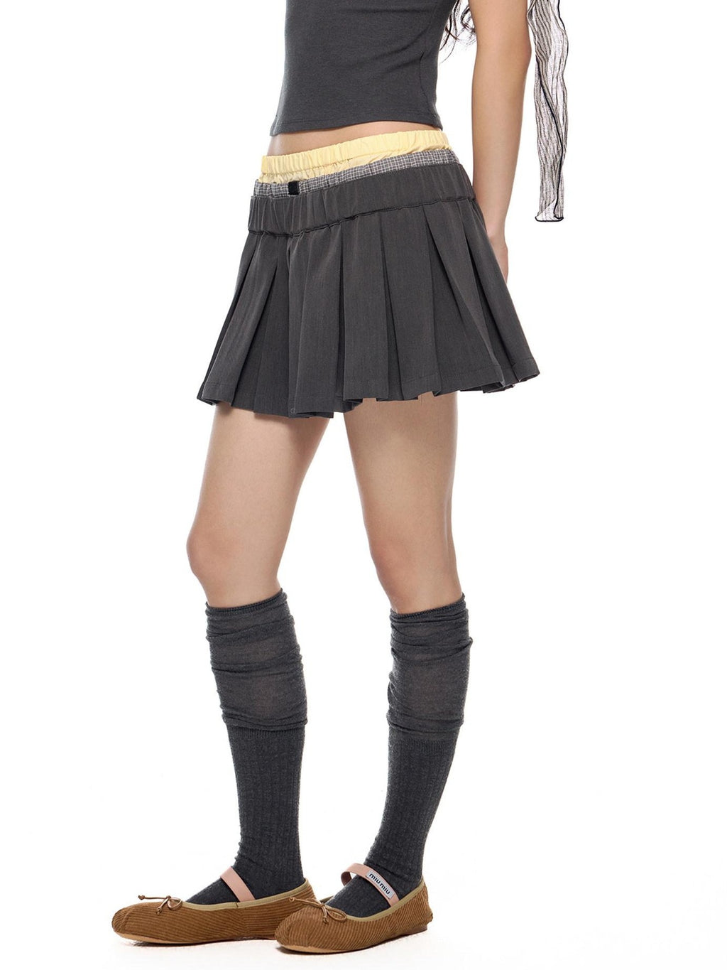 EZEK Plaid Spliced Pleated Women's Polyester Cotton Blend A-line Skirts